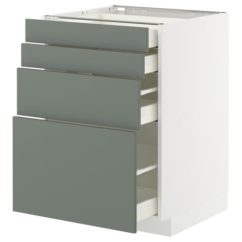 METOD kitchen cabinet: set of four grey-green drawers on white base, modern, minimalist design.