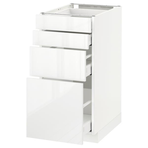 White kitchen cabinet with 3 shiny drawers and sleek handles.
