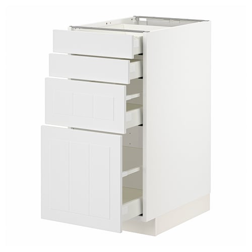 White METOD kitchen cabinet with three open drawers, crafted design, durable fiberboard and steel.