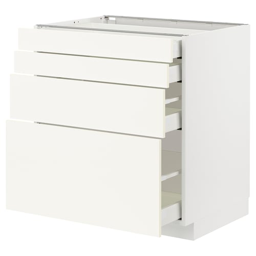 A white METOD kitchen cabinet with metal drawers and particleboard. Minimalist, modern design with smooth, soft-close drawers.