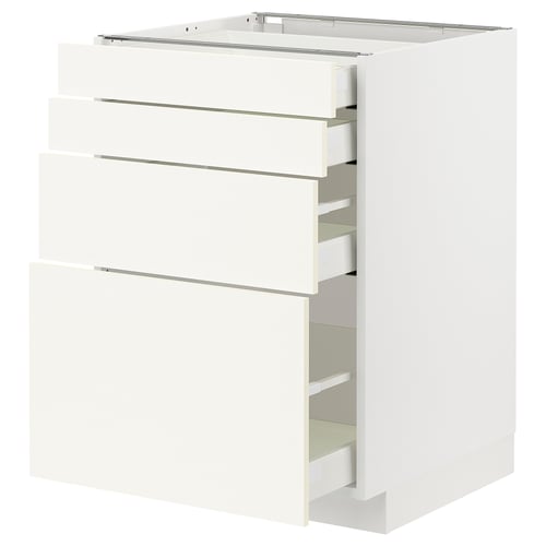 A white METOD kitchen cabinet with three pull-out drawers. The design is modern and minimalist, ideal for organising kitchen items.