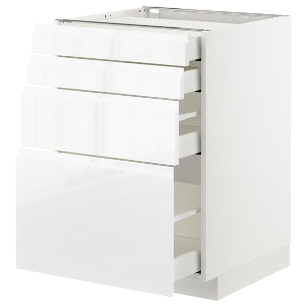 White high gloss kitchen cabinet with multiple drawers, sleek and modern design, white integrated handles, sturdy construction.