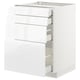 White high gloss kitchen cabinet with multiple drawers, sleek and modern design, white integrated handles, sturdy construction.