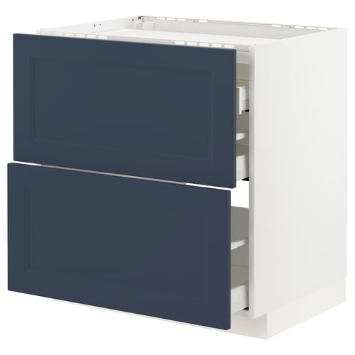 Modern kitchen cabinet, white and blue, two drawers open, sleek design.