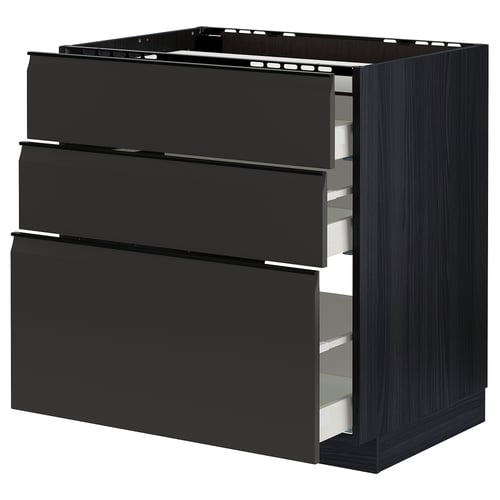 Modern black kitchen cabinet with three open drawers, minimalist design.