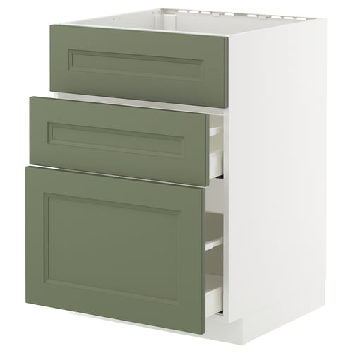 Individualised METOD kitchen cabinet in grey-green with three drawers and a door in classic design.