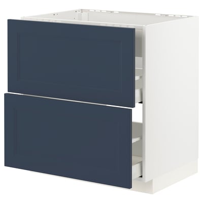 METOD white cabinet with blue drawers, rectangular, rustic-modern kitchen furniture.