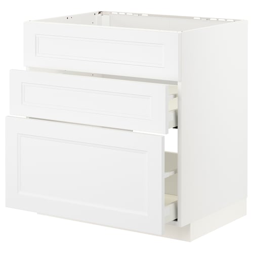 White METOD kitchen cabinet set with three drawers, minimalist design.