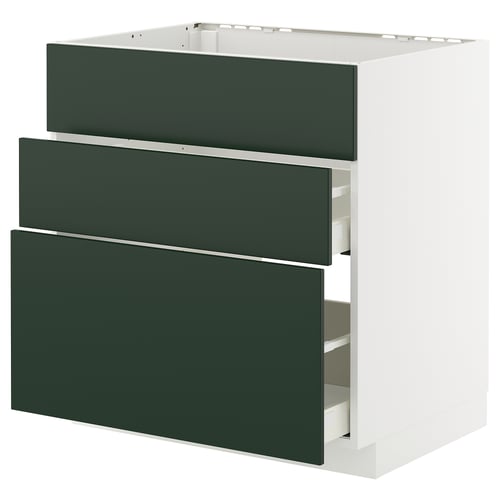 White and green METOD kitchen cabinet with three drawers.
