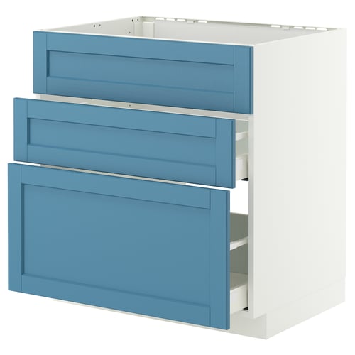 Blue three-drawer kitchen cabinet with white frame.
