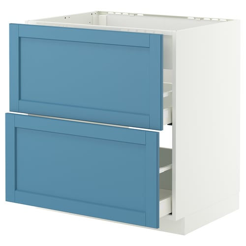 White and blue kitchen cabinet with drawers. Sleek design.