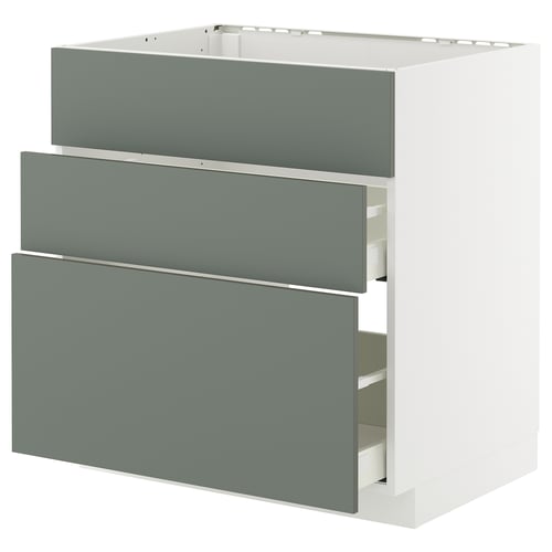 Modern kitchen unit with 3 soft-close grey-green drawers and white cabinet.