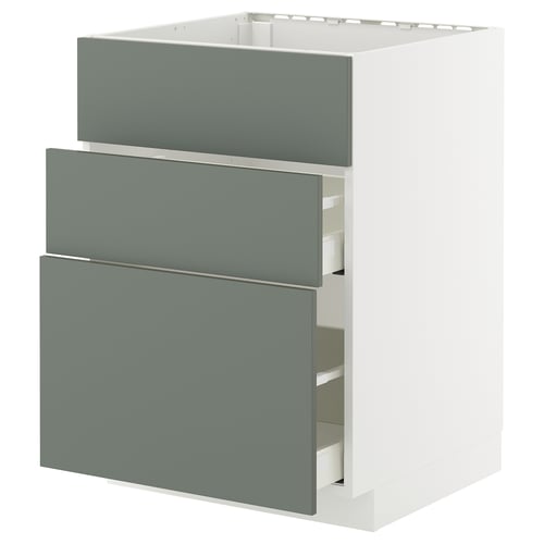 Modern grey-green kitchen cabinet with 3 sturdy drawers.