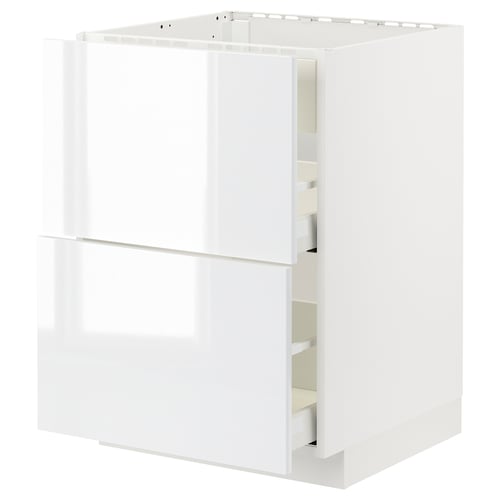 White modern kitchen cabinet with smooth, glossy finish and self-closing drawers.