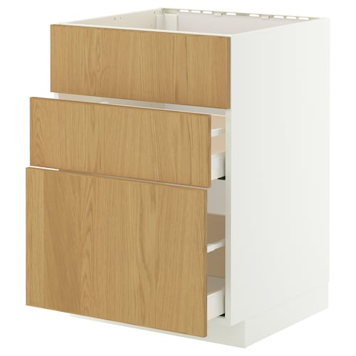 A white METOD kitchen cabinet with three wooden drawers. The drawers have a light oak finish and are smooth-running.