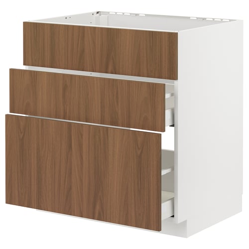 Minimalist white and wooden kitchen unit, three drawers, sleek modern design.