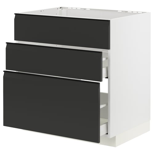 Modern black kitchen drawers, three-tiered, sleek minimalist design, white frame, full-extension mechanism.