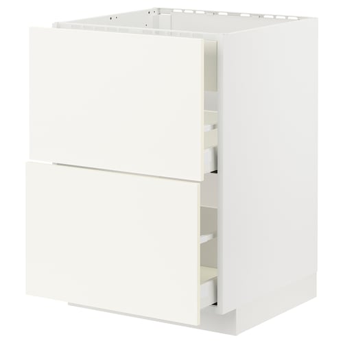 White METOD cabinet set, minimalist, sleek design with integrated drawers.