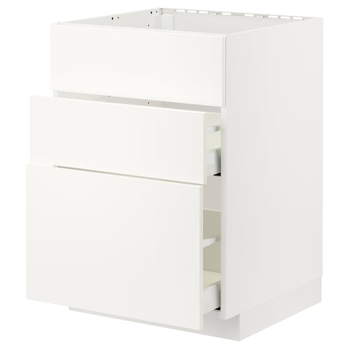 White METOD kitchen cabinet with veddinge fronts, smooth lines, full-extension drawers.