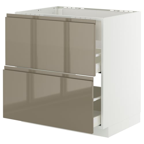 Modern kitchen cabinet with sleek, high-gloss dark grey-brown drawers featuring integrated handles, offering a contemporary and elegant look.