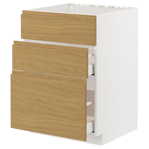 A METOD kitchen cabinet with oak-effect voxtorp drawers. Its white and square, with three wooden drawers.