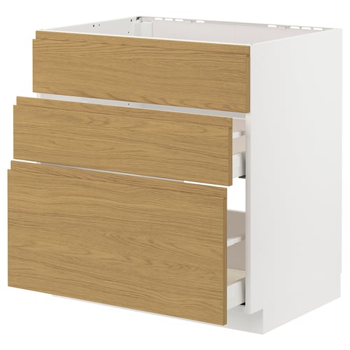 Wooden METOD kitchen unit with three drawers in oak finish.