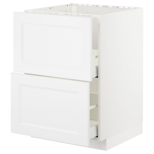 White METOD kitchen cabinet, rectangular shape with flat panels, two open drawers.