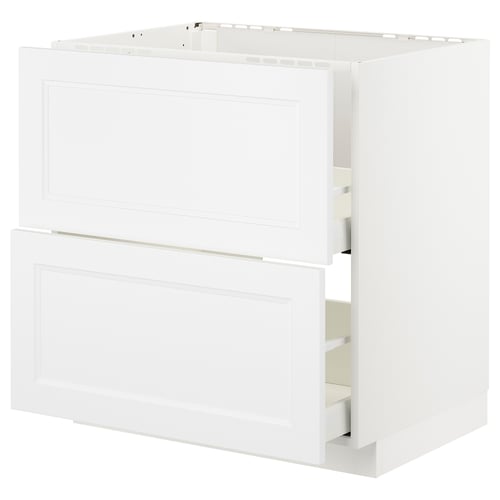 All-white METOD kitchen cabinet with two drawers, sleek design, durable fiberboard and steel construction.