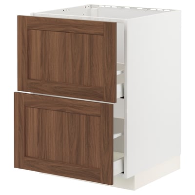 METOD / MAXIMERA Base cab f sink+2 fronts/2 drawers, white Enköping/brown walnut effect, 60x60 cm
