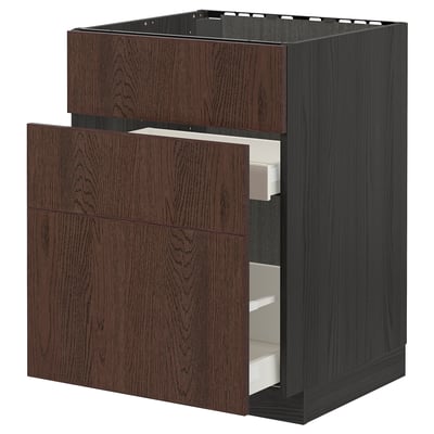 METOD / MAXIMERA Base cab f sink+3 fronts/2 drawers, black/Sinarp brown, 60x60 cm