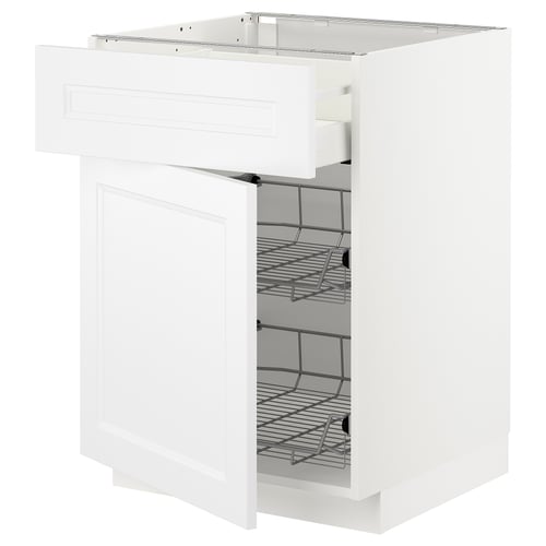This image shows a white METOD kitchen cabinet with wire shelves and a pull-out drawer.