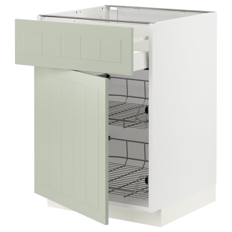 METOD / MAXIMERA base with wire basket/drawer/door, white/Stensund light green, 60x60 cm