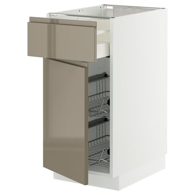METOD / MAXIMERA Base cab w wire basket/drawer/door, white/Voxtorp high-gloss dark grey-brown, 40x60 cm
