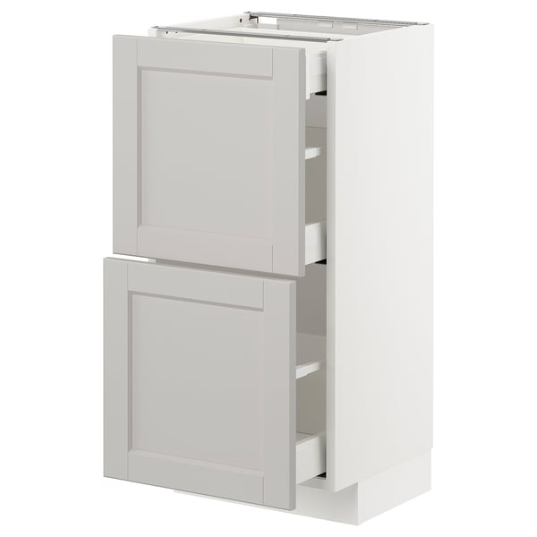 METOD / MAXIMERA Base cab with 2 fronts/3 drawers, white/Lerhyttan light grey, 40x37 cm