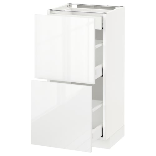 A white, modern METOD kitchen cabinet with glossy finish, featuring two drawers and a high gloss white front.