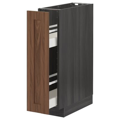 METOD / MAXIMERA Base cabinet/pull-out int fittings, black Enköping/brown walnut effect, 20x60 cm