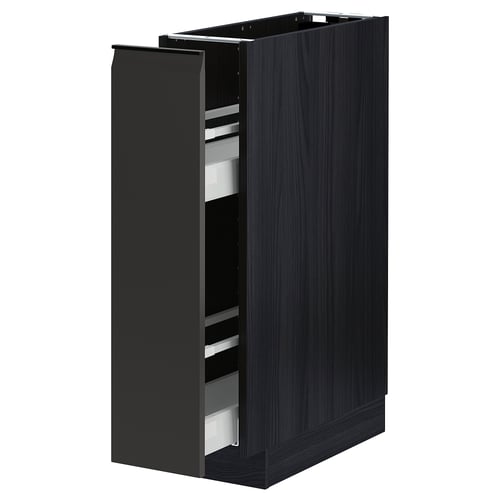 Black kitchen cabinet, modern design, open showing shelves.