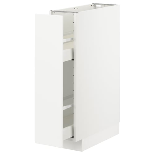 A white METOD kitchen cabinet with pull-out shelves. Its sleek, rectangular, and modern.