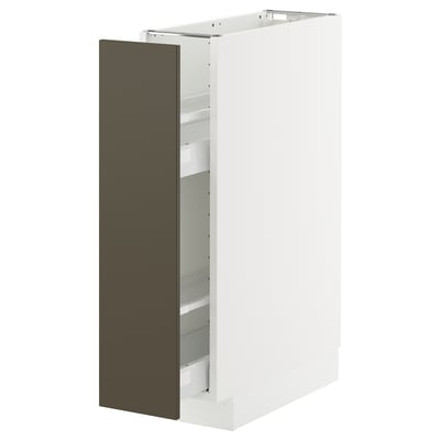 A white METOD kitchen cabinet with a dark brown door, fiberboard, featuring a sleek, rectangular design with a pull-out drawer.