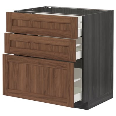 METOD / MAXIMERA Base cabinet with 3 drawers, black Enköping/brown walnut effect, 80x60 cm