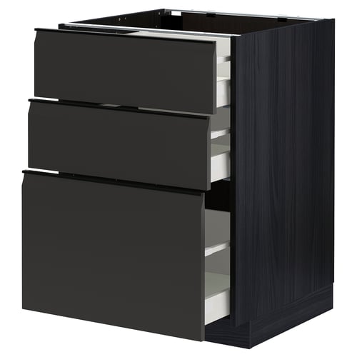 METOD black kitchen unit with three open drawers, sleek modern design.