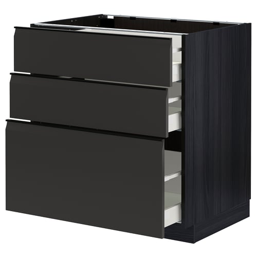 METOD black kitchen cabinet with three drawers, modern design, matte finish, wooden texture.