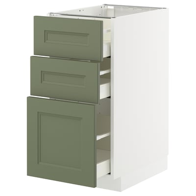 METOD kitchen unit, green, with three drawers, sturdy white frame, 25-year guarantee.