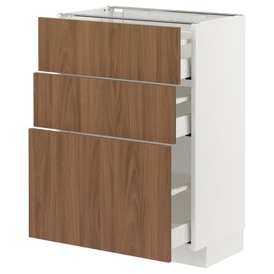 METOD kitchen unit - white & walnut, three drawers, sleek modern design.