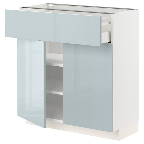 A white high-gloss gray-blue high cabinet from the METOD kitchen system with an open drawer.