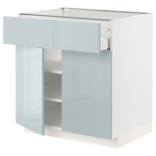 Modern kitchen unit: METOD in grey-blue, sleek design, high-gloss finish with single drawer and open shelves.
