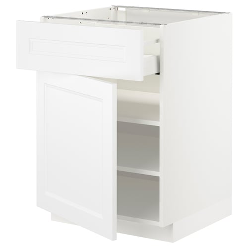 White kitchen cabinet with one open drawer, plain design, modern classic style, metallic accents.