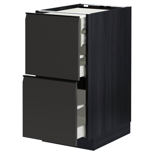 Black kitchen cabinet with two large drawers and integrated handles.