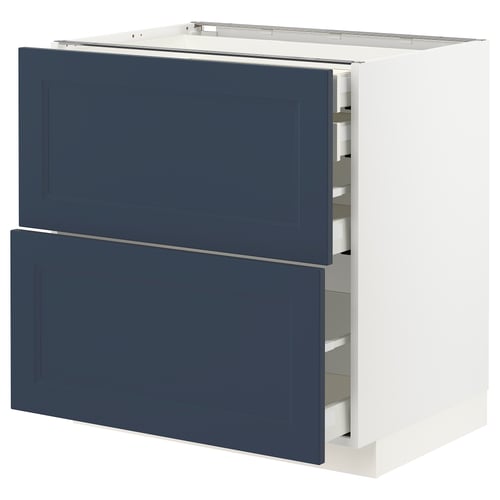 White and blue kitchen unit with pull-out drawers.