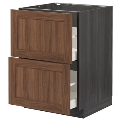 METOD / MAXIMERA Base cb 2 fronts/2 high drawers, black Enköping/brown walnut effect, 60x60 cm
